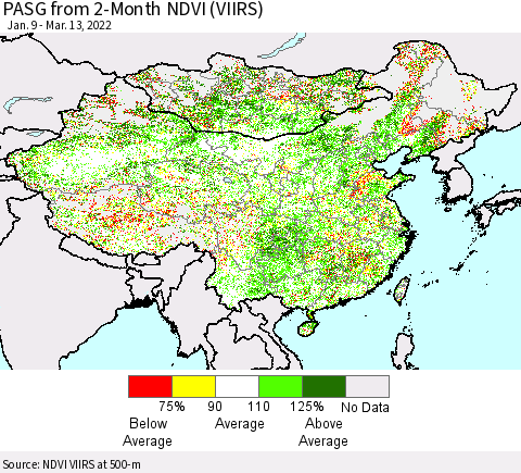 China, Mongolia and Taiwan PASG from 2-Month NDVI (VIIRS) Thematic Map For 3/6/2022 - 3/13/2022
