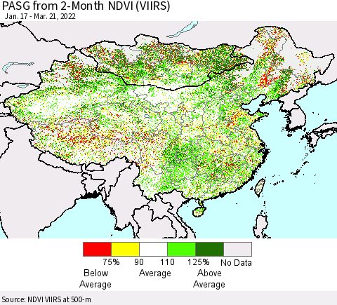 China, Mongolia and Taiwan PASG from 2-Month NDVI (VIIRS) Thematic Map For 3/14/2022 - 3/21/2022