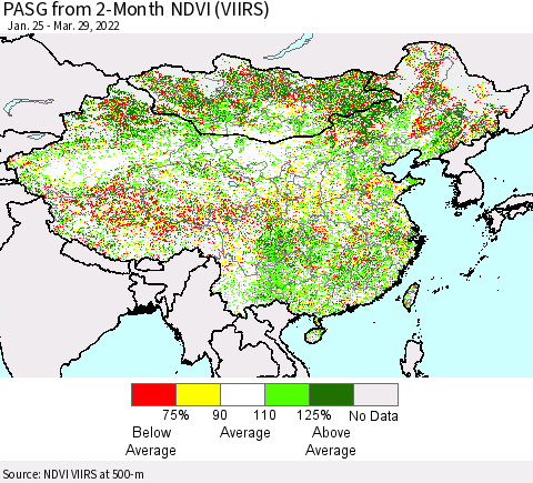 China, Mongolia and Taiwan PASG from 2-Month NDVI (VIIRS) Thematic Map For 3/22/2022 - 3/29/2022