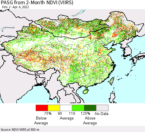 China, Mongolia and Taiwan PASG from 2-Month NDVI (VIIRS) Thematic Map For 3/30/2022 - 4/6/2022