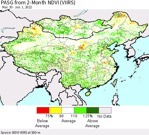 China, Mongolia and Taiwan PASG from 2-Month NDVI (VIIRS) Thematic Map For 5/25/2022 - 6/1/2022