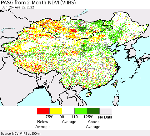 China, Mongolia and Taiwan PASG from 2-Month NDVI (VIIRS) Thematic Map For 8/21/2022 - 8/28/2022