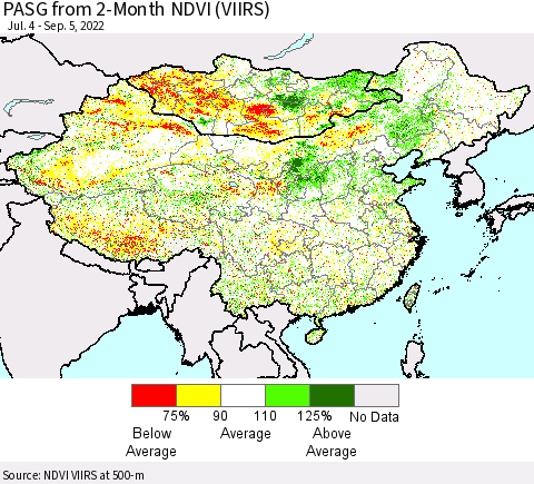 China, Mongolia and Taiwan PASG from 2-Month NDVI (VIIRS) Thematic Map For 8/29/2022 - 9/5/2022
