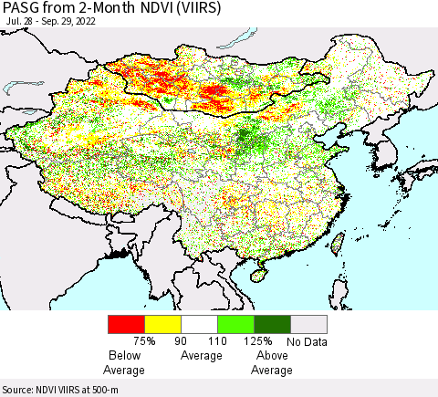 China, Mongolia and Taiwan PASG from 2-Month NDVI (VIIRS) Thematic Map For 9/22/2022 - 9/29/2022
