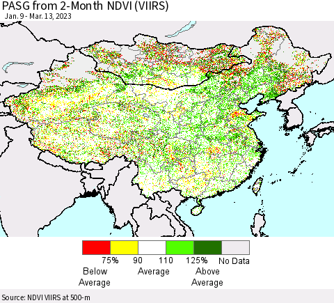 China, Mongolia and Taiwan PASG from 2-Month NDVI (VIIRS) Thematic Map For 3/6/2023 - 3/13/2023