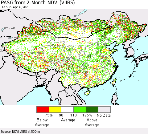 China, Mongolia and Taiwan PASG from 2-Month NDVI (VIIRS) Thematic Map For 3/30/2023 - 4/6/2023