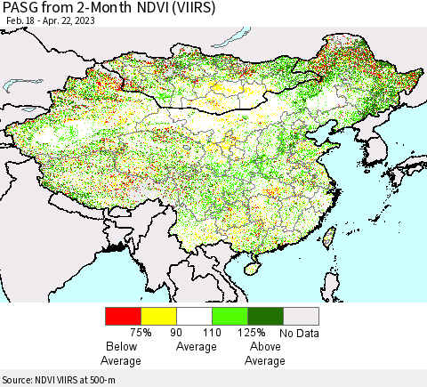 China, Mongolia and Taiwan PASG from 2-Month NDVI (VIIRS) Thematic Map For 4/15/2023 - 4/22/2023