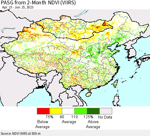 China, Mongolia and Taiwan PASG from 2-Month NDVI (VIIRS) Thematic Map For 6/18/2023 - 6/25/2023
