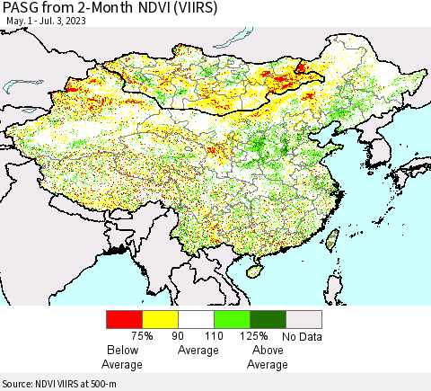 China, Mongolia and Taiwan PASG from 2-Month NDVI (VIIRS) Thematic Map For 6/26/2023 - 7/3/2023