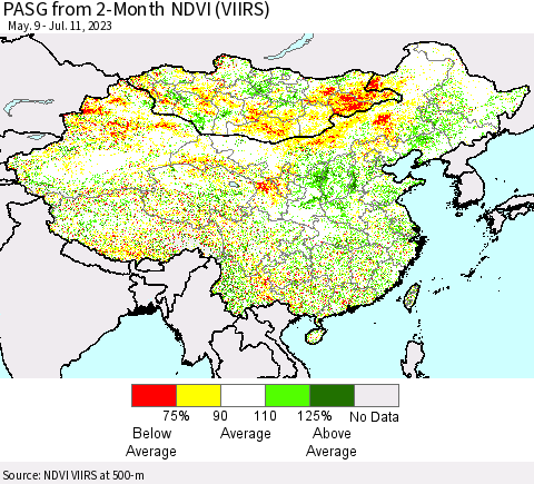 China, Mongolia and Taiwan PASG from 2-Month NDVI (VIIRS) Thematic Map For 7/4/2023 - 7/11/2023