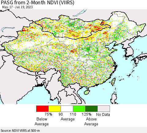 China, Mongolia and Taiwan PASG from 2-Month NDVI (VIIRS) Thematic Map For 7/12/2023 - 7/19/2023