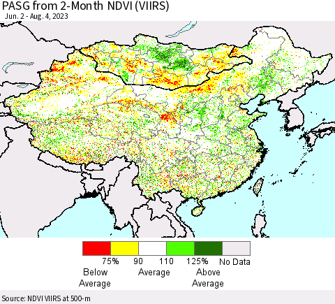 China, Mongolia and Taiwan PASG from 2-Month NDVI (VIIRS) Thematic Map For 7/28/2023 - 8/4/2023