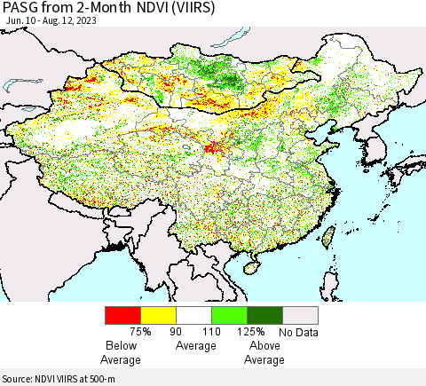 China, Mongolia and Taiwan PASG from 2-Month NDVI (VIIRS) Thematic Map For 8/5/2023 - 8/12/2023