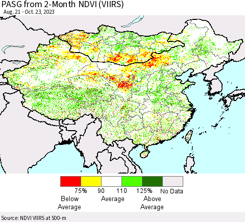China, Mongolia and Taiwan PASG from 2-Month NDVI (VIIRS) Thematic Map For 10/16/2023 - 10/23/2023