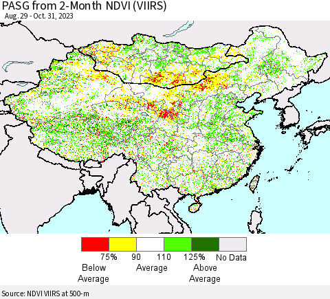 China, Mongolia and Taiwan PASG from 2-Month NDVI (VIIRS) Thematic Map For 10/24/2023 - 10/31/2023
