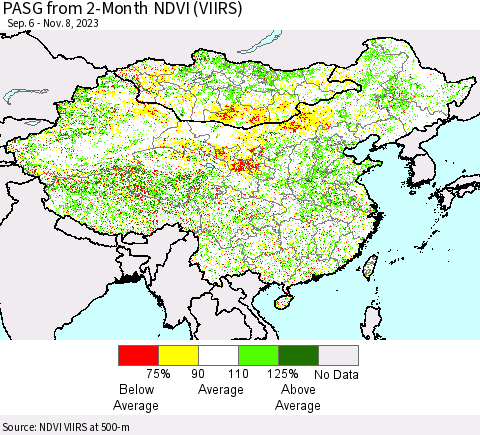 China, Mongolia and Taiwan PASG from 2-Month NDVI (VIIRS) Thematic Map For 11/1/2023 - 11/8/2023