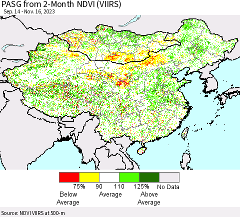 China, Mongolia and Taiwan PASG from 2-Month NDVI (VIIRS) Thematic Map For 11/9/2023 - 11/16/2023