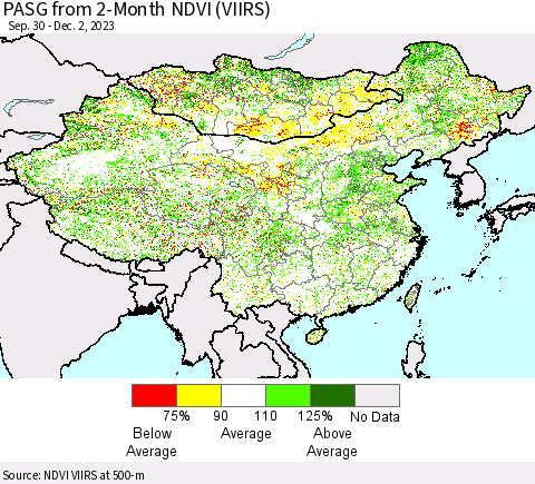China, Mongolia and Taiwan PASG from 2-Month NDVI (VIIRS) Thematic Map For 11/25/2023 - 12/2/2023