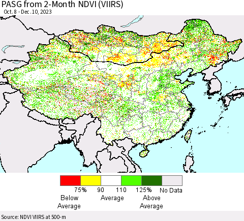 China, Mongolia and Taiwan PASG from 2-Month NDVI (VIIRS) Thematic Map For 12/3/2023 - 12/10/2023