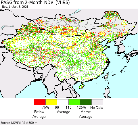 China, Mongolia and Taiwan PASG from 2-Month NDVI (VIIRS) Thematic Map For 12/27/2023 - 1/3/2024