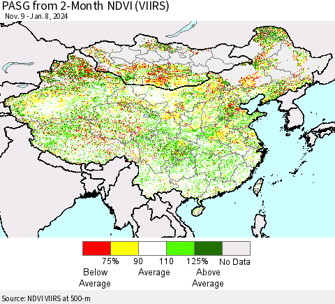 China, Mongolia and Taiwan PASG from 2-Month NDVI (VIIRS) Thematic Map For 1/1/2024 - 1/8/2024