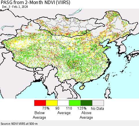 China, Mongolia and Taiwan PASG from 2-Month NDVI (VIIRS) Thematic Map For 1/25/2024 - 2/1/2024