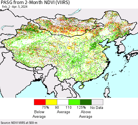 China, Mongolia and Taiwan PASG from 2-Month NDVI (VIIRS) Thematic Map For 3/29/2024 - 4/5/2024