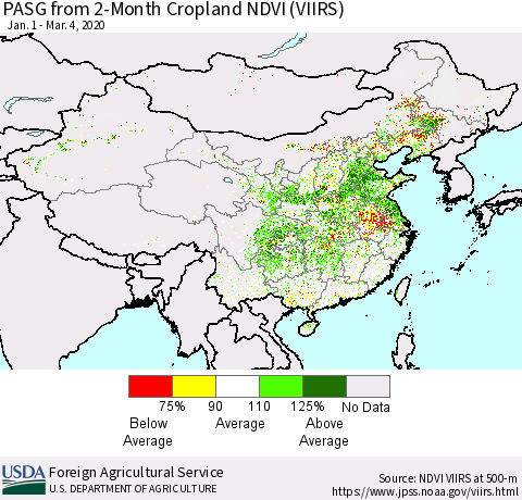 China, Mongolia and Taiwan PASG from 2-Month Cropland NDVI (VIIRS) Thematic Map For 3/1/2020 - 3/10/2020