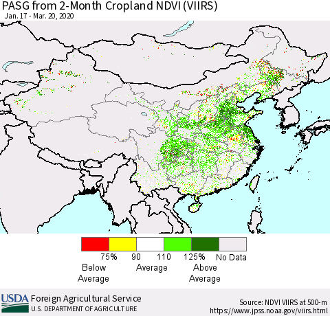China, Mongolia and Taiwan PASG from 2-Month Cropland NDVI (VIIRS) Thematic Map For 3/11/2020 - 3/20/2020