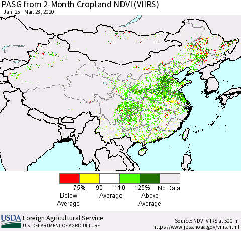 China, Mongolia and Taiwan PASG from 2-Month Cropland NDVI (VIIRS) Thematic Map For 3/21/2020 - 3/31/2020