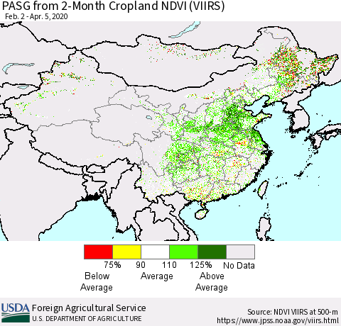 China, Mongolia and Taiwan PASG from 2-Month Cropland NDVI (VIIRS) Thematic Map For 4/1/2020 - 4/10/2020
