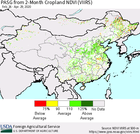 China, Mongolia and Taiwan PASG from 2-Month Cropland NDVI (VIIRS) Thematic Map For 4/21/2020 - 4/30/2020