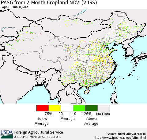 China, Mongolia and Taiwan PASG from 2-Month Cropland NDVI (VIIRS) Thematic Map For 6/1/2020 - 6/10/2020