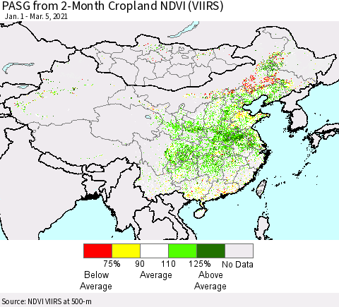 China, Mongolia and Taiwan PASG from 2-Month Cropland NDVI (VIIRS) Thematic Map For 2/26/2021 - 3/5/2021
