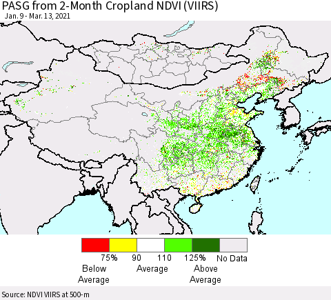 China, Mongolia and Taiwan PASG from 2-Month Cropland NDVI (VIIRS) Thematic Map For 3/6/2021 - 3/13/2021