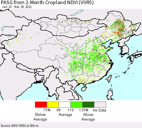 China, Mongolia and Taiwan PASG from 2-Month Cropland NDVI (VIIRS) Thematic Map For 3/22/2021 - 3/29/2021