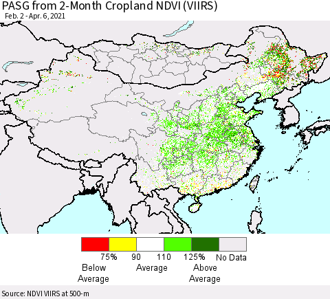 China, Mongolia and Taiwan PASG from 2-Month Cropland NDVI (VIIRS) Thematic Map For 3/30/2021 - 4/6/2021