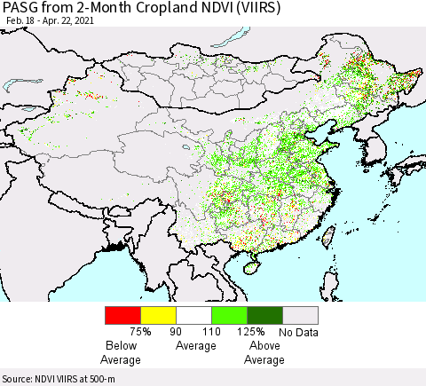 China, Mongolia and Taiwan PASG from 2-Month Cropland NDVI (VIIRS) Thematic Map For 4/15/2021 - 4/22/2021