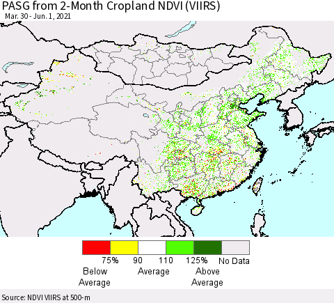 China, Mongolia and Taiwan PASG from 2-Month Cropland NDVI (VIIRS) Thematic Map For 5/25/2021 - 6/1/2021
