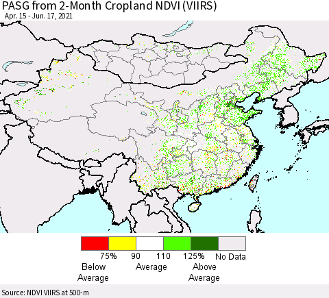 China, Mongolia and Taiwan PASG from 2-Month Cropland NDVI (VIIRS) Thematic Map For 6/10/2021 - 6/17/2021