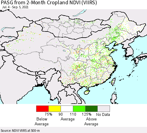 China, Mongolia and Taiwan PASG from 2-Month Cropland NDVI (VIIRS) Thematic Map For 8/29/2021 - 9/5/2021