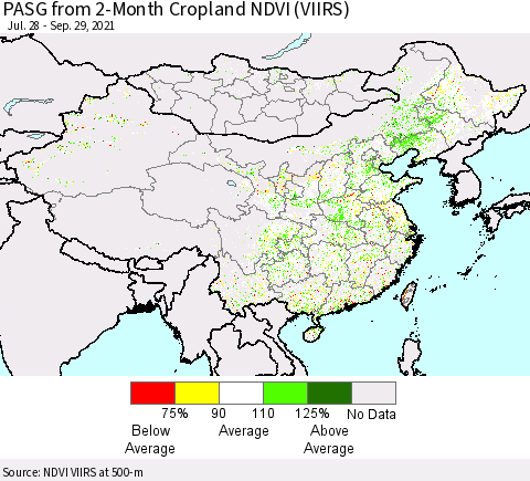 China, Mongolia and Taiwan PASG from 2-Month Cropland NDVI (VIIRS) Thematic Map For 9/22/2021 - 9/29/2021