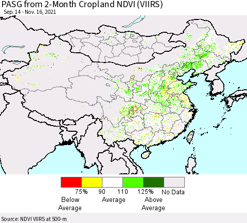 China, Mongolia and Taiwan PASG from 2-Month Cropland NDVI (VIIRS) Thematic Map For 11/9/2021 - 11/16/2021