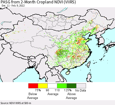 China, Mongolia and Taiwan PASG from 2-Month Cropland NDVI (VIIRS) Thematic Map For 2/2/2022 - 2/9/2022