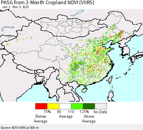 China, Mongolia and Taiwan PASG from 2-Month Cropland NDVI (VIIRS) Thematic Map For 2/26/2022 - 3/5/2022