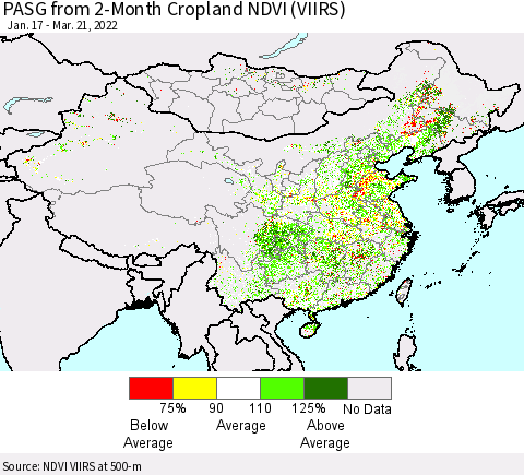 China, Mongolia and Taiwan PASG from 2-Month Cropland NDVI (VIIRS) Thematic Map For 3/14/2022 - 3/21/2022
