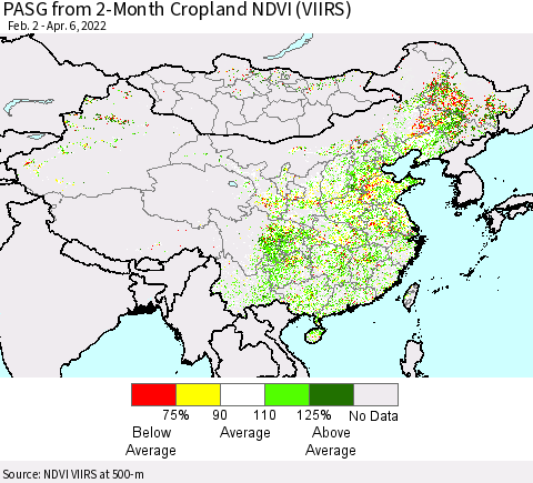 China, Mongolia and Taiwan PASG from 2-Month Cropland NDVI (VIIRS) Thematic Map For 3/30/2022 - 4/6/2022