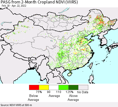 China, Mongolia and Taiwan PASG from 2-Month Cropland NDVI (VIIRS) Thematic Map For 4/15/2022 - 4/22/2022