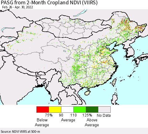 China, Mongolia and Taiwan PASG from 2-Month Cropland NDVI (VIIRS) Thematic Map For 4/23/2022 - 4/30/2022