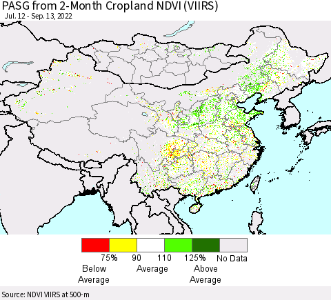 China, Mongolia and Taiwan PASG from 2-Month Cropland NDVI (VIIRS) Thematic Map For 9/6/2022 - 9/13/2022